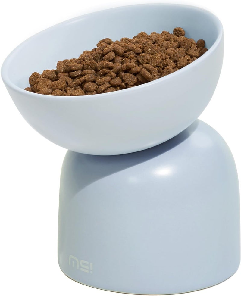 MS!MAKE SURE Elevated Ceramic Cat Food Bowl - 5.5" Wide Dish for Whikser Friendly, 6.6" Height for Easy Feeding, Lead & Cadmium Free, Durable Raised Cat Food Bowls, Blue - Image 1